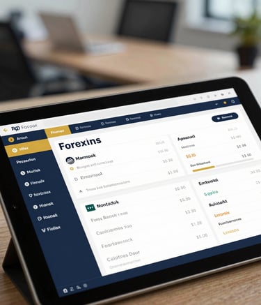 A close-up photograph of a high-tech tablet displaying a clean, modern forex trading dashboard with gold and navy blue accents. In the blurred background, a sophisticated North American office setting is visible.