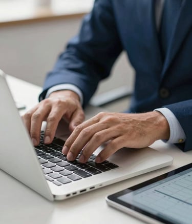 Close-up of professional hands typing on a laptop in a bright, organized office in Brazil. A digital tablet showing a clean schedule is visible nearby. Professional lighting, crisp focus, sophisticated business atmosphere with deep blue and white accents.