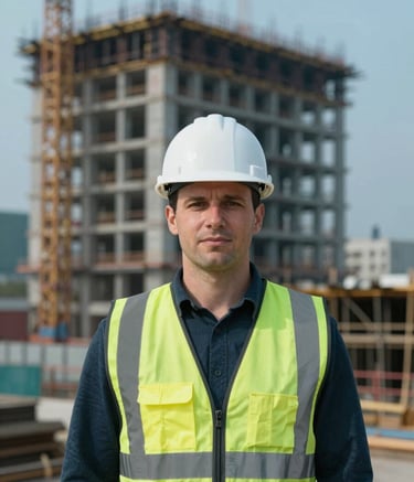 A professional portrait of Andrew Horan standing on an urban construction site. He is wearing a white hard hat and a reflective safety vest. In the background, the steel skeleton of a new building rises against a muted blue sky (#9FB8C6). The style is realistic and grounded, conveying reliability.