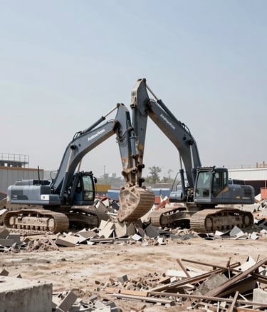 A wide-angle, realistic photo of a large-scale industrial demolition site managed by Andrew Horan. Massive excavators with hydraulic shears are working on a concrete structure. The lighting is bright daylight, featuring a color palette of dusty grays, #4C6A7F blue equipment, and a clear #F5F8FA sky. Professional and authoritative atmosphere.