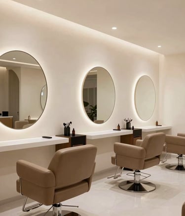 Interior shot of a modern, luxurious unisex salon in Mysuru. Clean off-white walls, large circular mirrors with soft backlighting, and comfortable leather chairs in taupe. South Asian / Indian setting with professional, inviting lighting.