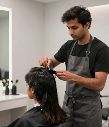 A professional hair stylist in a stylish charcoal apron carefully working on a client's hair in a bright, modern studio. The environment is professional with light gray accents and minimalist decor. South Asian / Indian context.