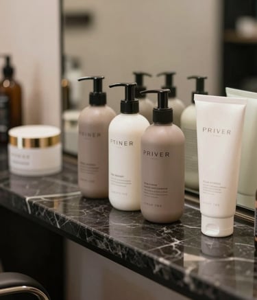 Close-up of premium hair and skin care products arranged on a sleek charcoal marble counter in a professional salon. Soft natural lighting, luxury atmosphere, featuring a palette of taupe and off-white. South Asian / Indian setting.