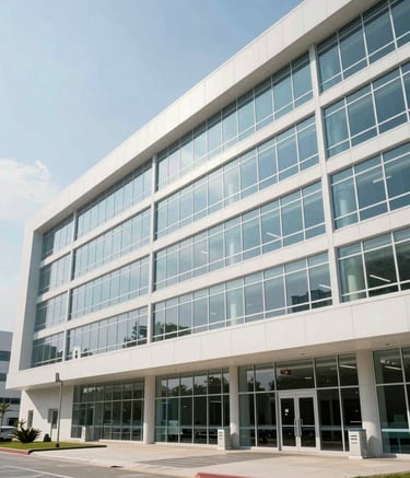 An wide-angle architectural shot of a modern pharmaceutical research facility with clean lines, glass walls, and a professional, authoritative atmosphere. The scene is bright with natural light and hints of light blue and white colors. North American / Global context.