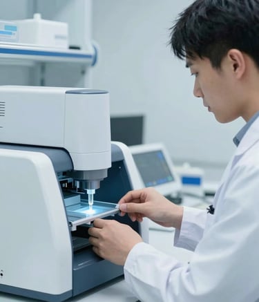 A close-up photograph of a professional scientist in a white coat operating a high-tech liquid chromatography system in a sterile, bright white laboratory. The lighting is crisp and cool, featuring soft blue tones. North American / Global setting.