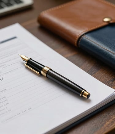 Detailed photography of a professional desk setup in a Central European / Slovak office, featuring a luxury fountain pen, leather-bound folders, and neatly stacked financial reports. The lighting is soft and focused, using tones of gold and dark blue to convey a mood of stability and order.