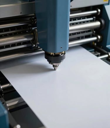 A close-up photograph of a modern industrial printing head moving across high-quality paper. The scene is illuminated by clean, professional lighting, highlighting steel blue surfaces and mist white paper. The mood is one of extreme precision and meticulous quality.
