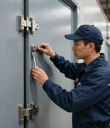 A high-resolution photograph of a door technician in a professional navy blue uniform inspecting the heavy-duty hinges of a massive industrial door in a North American commercial facility. The composition is focused and sharp.
