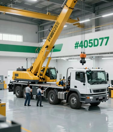 A wide-angle, professional shot of a repair bay in Japan where mechanics are working on a large yellow construction crane and a heavy-duty truck. The lighting is bright and industrial, featuring a clean workspace with the brand's palette of #405D7C and #A5BCCF reflected in the machinery and environment.