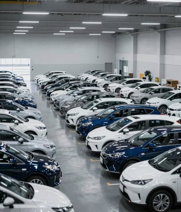 A high-end photograph of a vast, organized car warehouse in Japan. Rows of clean, exported used cars are lined up under soft industrial lighting. The atmosphere is established and professional, incorporating the brand colors #1A2A38 and #F8F9FA into the architectural details.