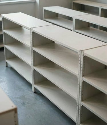 High-angle photography of a clean, organized storage facility with modern shelving. South American / Peruvian warehouse interior, soft gray-white lighting, dusty blue shadows, professional and efficient atmosphere.