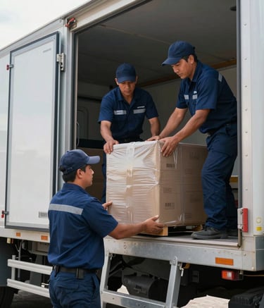 Professional team members in modern logistics uniforms securing fragile cargo inside a transport truck. South American / Peruvian urban setting, bright daylight, steel blue and dark navy blue accents, clean professional composition.