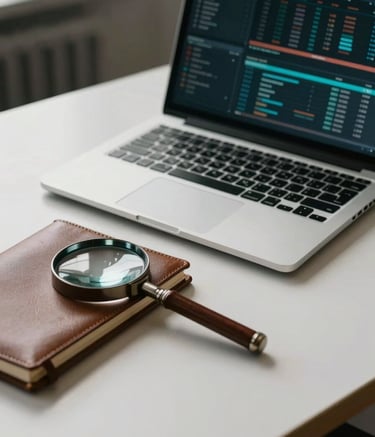 A close-up of a professional desk in a North American / US office. A high-end laptop displays complex data patterns alongside a leather-bound notebook and a vintage magnifying glass. Lighting is dramatic and focused, emphasizing a sense of deep inquiry. Palette includes deep teal, charcoal, and off-white tones.