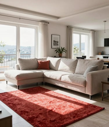 A wide-angle professional photograph of a sunlit, perfectly clean modern living room in a Turkish home. The sofa is spotless, the carpets are vibrant, and the atmosphere is fresh and airy. Natural light streams through large windows.