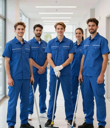 A professional cleaning team in Ankara, wearing matching blue corporate uniforms, standing confidently in a bright, modern hallway. They are holding professional cleaning tools, conveying trust, hygiene, and efficiency.