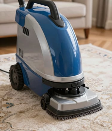 A close-up photograph of a professional industrial carpet cleaning machine in action on a luxury Turkish home carpet. The lighting is bright and clean, emphasizing a hygienic and professional service. The machine is blue and silver, reflecting a modern corporate aesthetic.