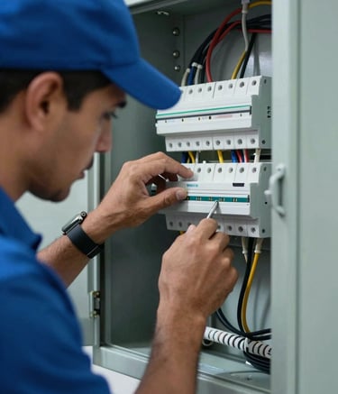 A close-up of a professional electrician's hands working on a modern electrical panel with organized wiring in a Latin American / Spanish home setting. Sharp focus, professional lighting, featuring Deep Blue and Pale Ice Blue tones from the brand palette.