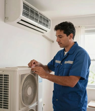 A professional technician in a clean uniform inspecting a modern air conditioning unit in a bright Latin American / Spanish home. Soft daylight, high-quality photography, with Navy Blue and Sky Blue accents in the uniform and environment.