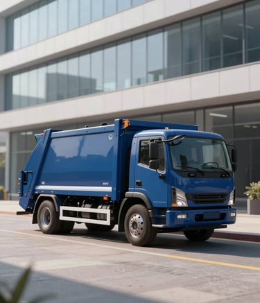 A sleek, modern junk removal truck painted in #415A77 steel blue with minimalist #F8F9FA decals, parked in front of a clean, contemporary office building. High-end architectural photography style, morning light, emphasizing professionalism and reliability.
