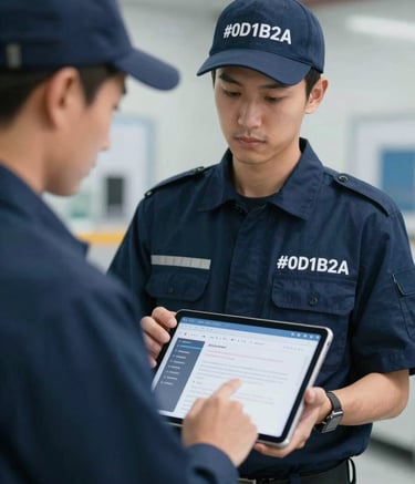 A close-up of a professional team member wearing a crisp #0D1B2A navy uniform and protective gear, holding a digital tablet to manage logistics. The background is a blurred, organized industrial space. Clean and sophisticated lighting.