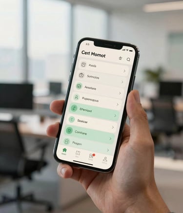 A close-up of a professional holding a high-end smartphone in a modern US office setting, showing a sleek, user-friendly mobile application interface with off-white and light green colors. Soft morning light creates an innovative atmosphere.