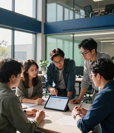 A group of tech professionals in a collaborative, sunlit workspace in the North American / US region, discussing mobile app strategy over a large tablet. The office is sleek and modern with architectural glass, incorporating deep blue and soft green accents in the background.