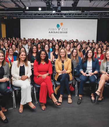 Women attending a vibrant leadership conference with speakers on stage.