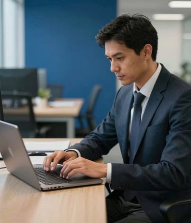 A professional Brazilian workspace with a person focused on a laptop screen, clean composition with soft daylight and deep blue office accents, conveying corporate reliability.