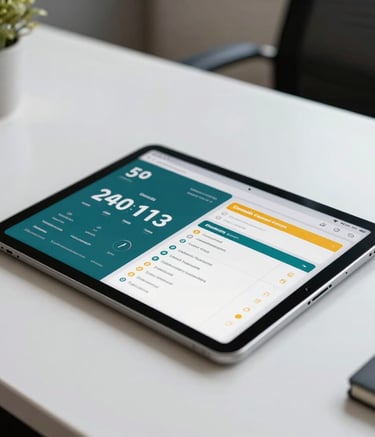 Close-up of a digital tablet on a clean white desk in a Brazilian office setting, showing a organized interface with teal and amber highlights, symbolizing the monitoring of critical business deadlines.