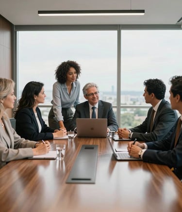 A high-end corporate boardroom in a modern building in Brazil, with South American professionals collaborating around a large wooden table under bright, natural light, reflecting a trustworthy and efficient business atmosphere.
