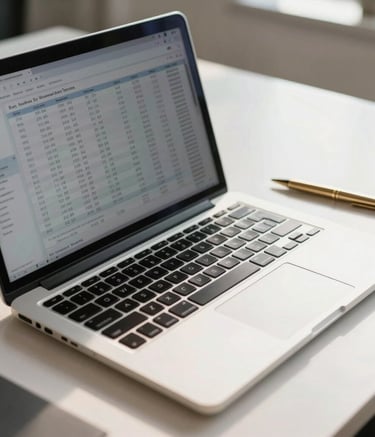 A close-up of a high-end laptop on a clean, modern desk in a sunlit Southern California office, showing professional financial data, with a gold pen resting on the side, conveying efficiency and precision in a steel blue and off-white setting.