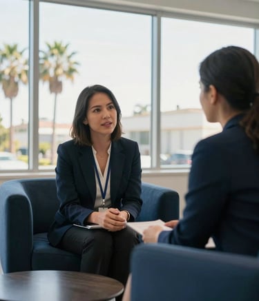 A professional loan officer and a client having a confident conversation in a bright, airy Southern California office with large windows showing palm trees, modern navy furniture, and soft morning lighting.