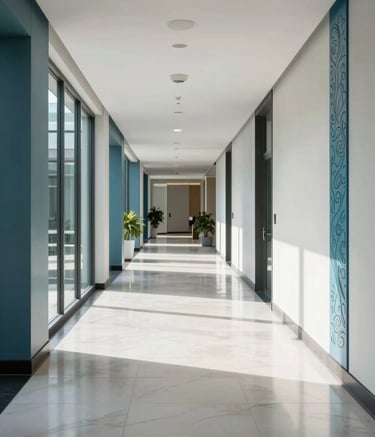 A sophisticated corporate hallway in a International / Australasian office building. The lighting is bright and natural, reflecting off soft frost white tiles. Muted ocean blue decorative elements line the walls, creating a sense of order and trust.
