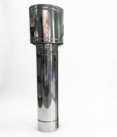 A shiny stainless steel chimney flue pipe with a rain cap for fireplace ventilation.