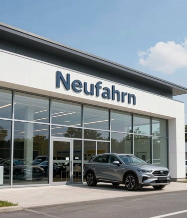 A professional photograph of a modern car dealership exterior in Neufahrn, Deutschland. The building features large glass windows and clean white and dark grey architectural lines. Bright, clear daylight with a professional atmosphere.