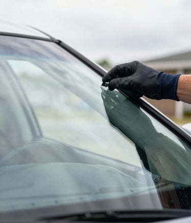 Close-up photography of a pristine windshield being installed by a technician in a North American / US residential area. The glass is clear and shimmering against a soft cloud white sky. A technician's hand is visible wearing a dark navy glove, emphasizing precision and structural safety. The mood is professional and trustworthy.