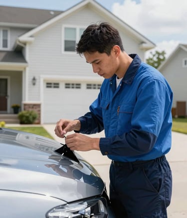 A professional auto-glass technician in a North American / US suburban driveway, wearing a clean uniform in steel blue and dark navy. They are focused on a modern car, carefully inspecting a small chip. Bright daylight, high clarity, trustworthy and efficient mood with a soft cloud white house in the background.