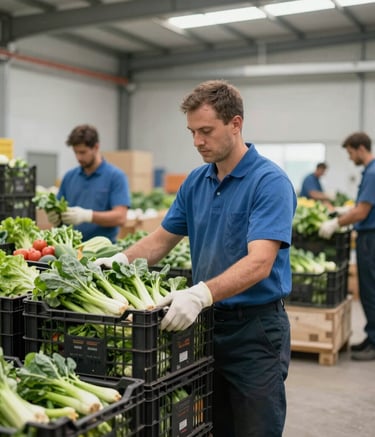 Export containers loaded with crates of vibrant fruits at a port.