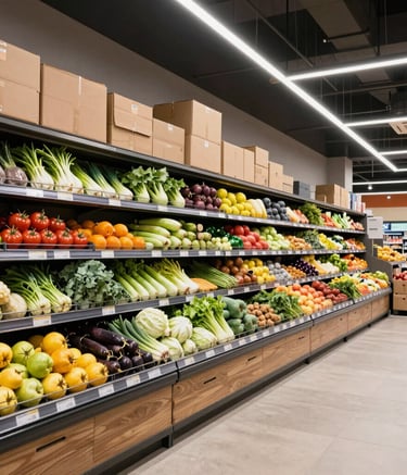 A bustling warehouse with neatly stacked crates of fresh vegetables ready for shipment.