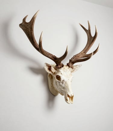 A minimalist and sophisticated shot of a finished whitetail deer European mount hanging on a clean, pearl white wall. The shadows are soft, and the composition is modern and artistic. The natural textures of the antlers contrast beautifully with the smooth bone.