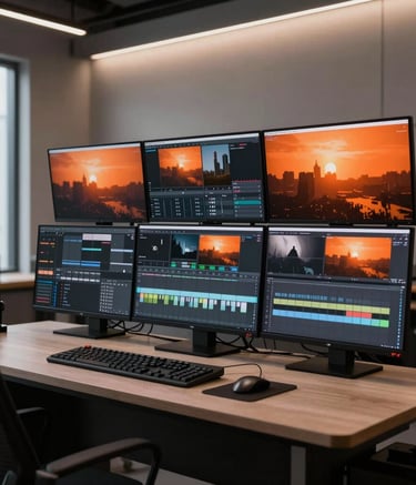 A high-end, professional photography of a modern video editing suite with multiple large OLED monitors showing sleek orange and black color graded cinematic footage. The setting is a minimalist, creative studio in a Global / International city with soft, ambient lighting.