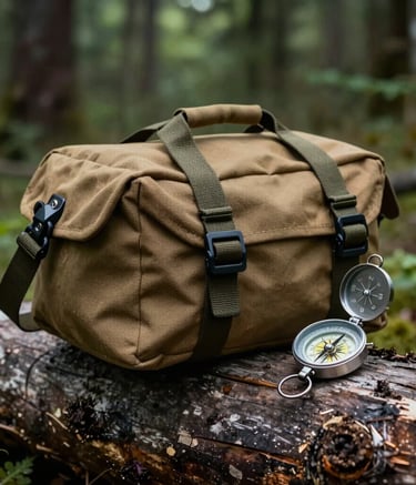 A sharp, detailed close-up of premium outdoor gear, including a tan canvas field bag and a steel compass, resting on a weathered dark wood log. The background shows a soft-focus forest with deep forest green tones. No people.