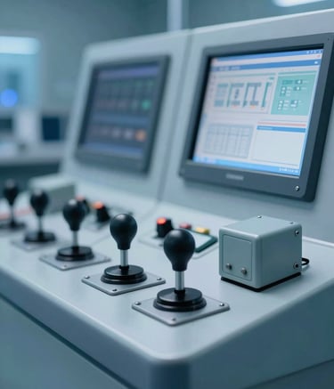 A high-tech control panel with industrial joysticks and control boxes for remote monitor systems. The scene is shot in a professional testing laboratory with cool blue lighting, featuring #3D5A80 and #98C1D9 tones, conveying precision engineering.