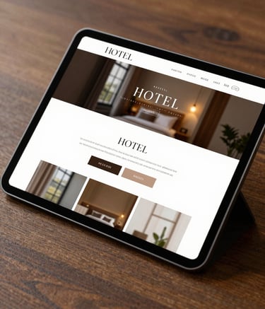 A close-up shot of a tablet displaying a modern, elegant hotel website design. The surrounding environment features polished wood textures in #4A2D2A and warm ambient lighting, reflecting a professional and high-standard finish.