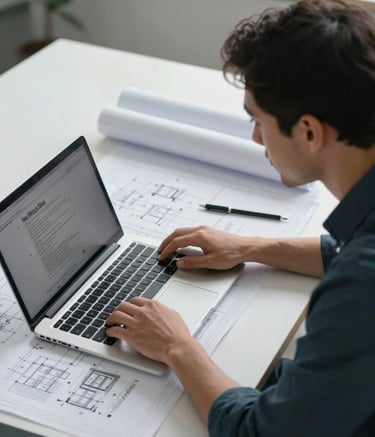 A high-angle shot of a modern workspace with a laptop and blueprints, showing a North American / Mexican engineer working in a clean and organized environment, soft daylight, palette colors include dark blue-grey and light grey.