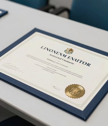 Detailed photography of a professional quality certification with a metallic seal on a clean white desk, professional lighting, North American / Mexican academic setting, featuring palette colors like dark blue-grey and teal accents in the background.