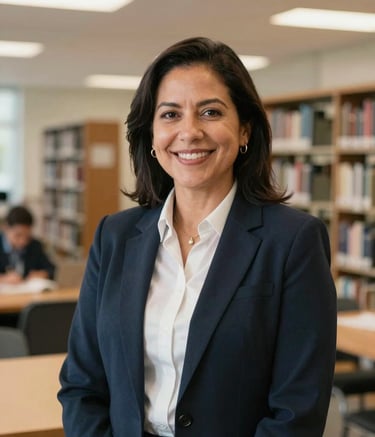 A professional portrait of an educator in a modern academic setting, North American / Mexican context, blurred background of a modern library, soft and warm lighting, professional and accessible mood.