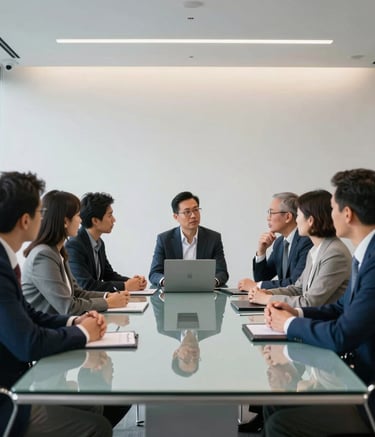 A wide photography shot of a bright, contemporary conference room in Chicago, North American / US. A group of professionals in business casual attire discussing software strategy at a glass table. The atmosphere is efficient and authoritative, with a sophisticated color palette of white, pale blue, and dark blue.