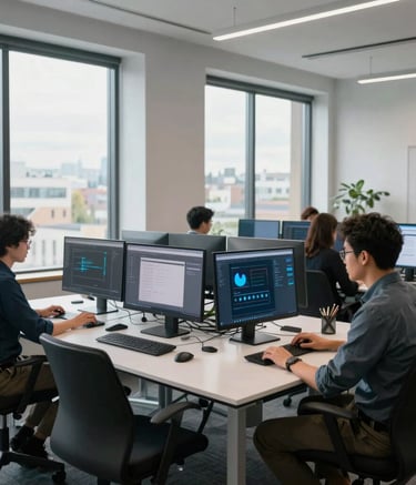 Wide shot of a clean, minimalist software development studio in Seattle, North American / US environment. Natural light from large windows, professionals in business casual attire working on Android workstations, sophisticated charcoal and steel blue color palette.