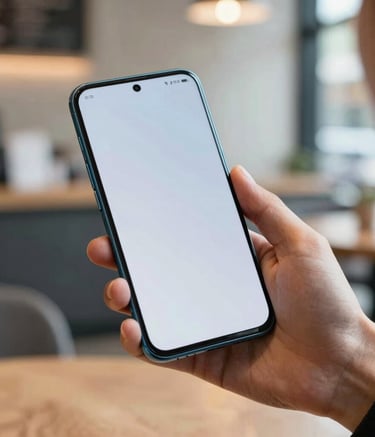 Close-up of hands holding a premium Android smartphone in a modern San Francisco cafe, North American / US setting. The lighting is soft and natural, emphasizing the sleek design and high-quality screen. Professional and clean aesthetic with ice blue and ghost white tones.